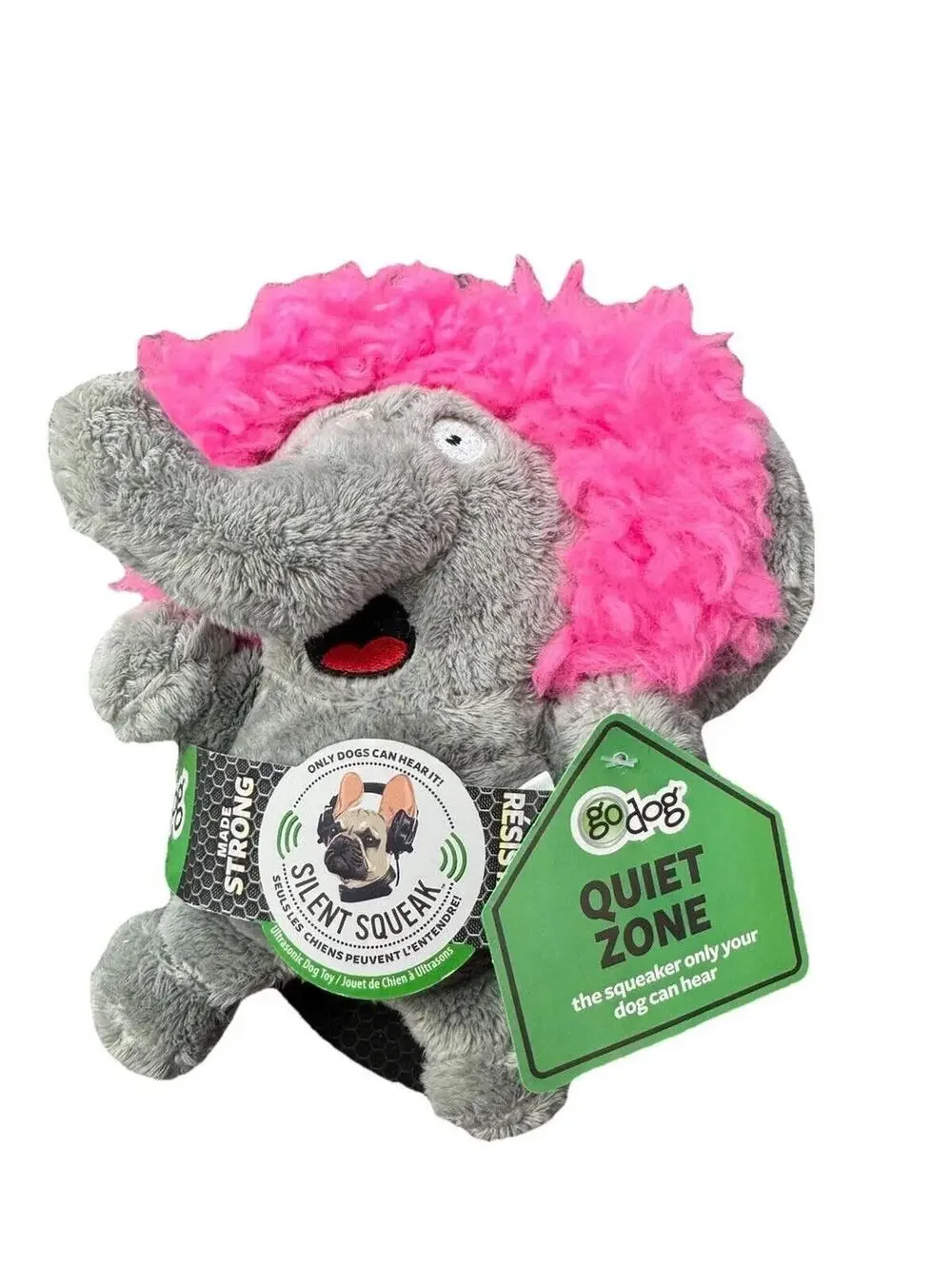 (RGB3) goDog Silent Squeak Elephant Plush Dog Toy Quiet Zone Pink Mane NWT